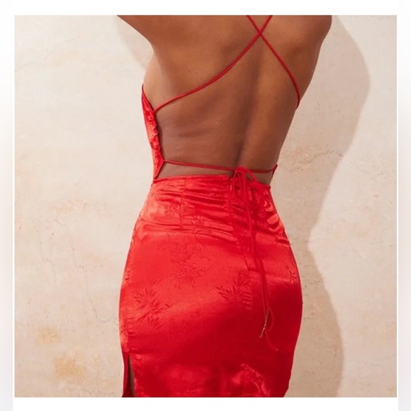 PLT Red Satin Mixed print Lace Up Back Bodycon Dress - Picture 4 of 7